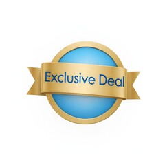 A gold and blue circular badge with the text  exclusive deal  on a ribbon across the center
