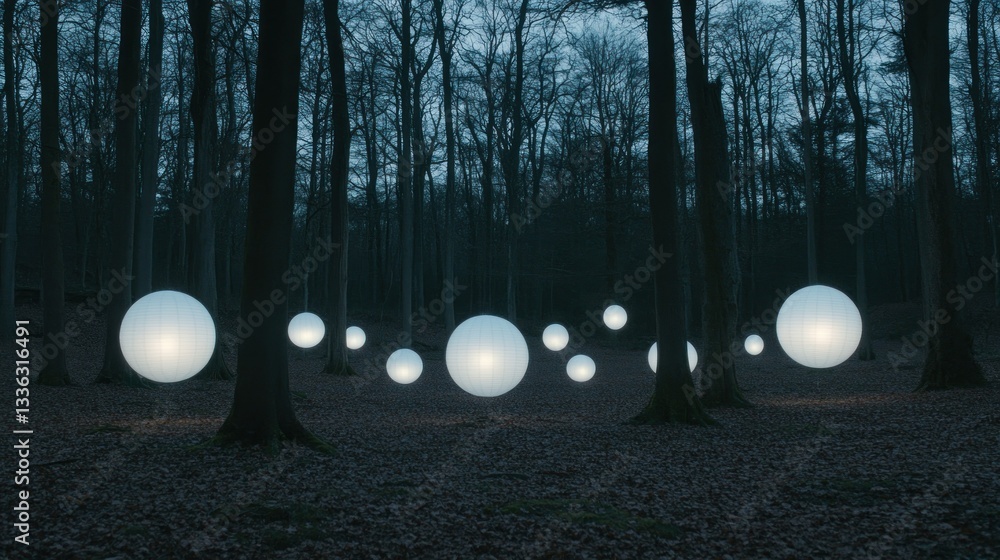 Poster illuminated white orbs floating amidst the tall trees in a forest