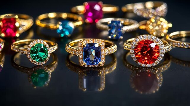 Exquisite Collection of Precious Gemstone Rings: Gold Bands and Colorful Gems on Display