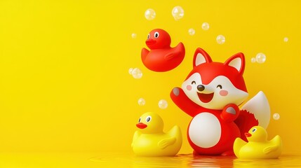 A friendly cartoon fox playing with rubber duckies in water