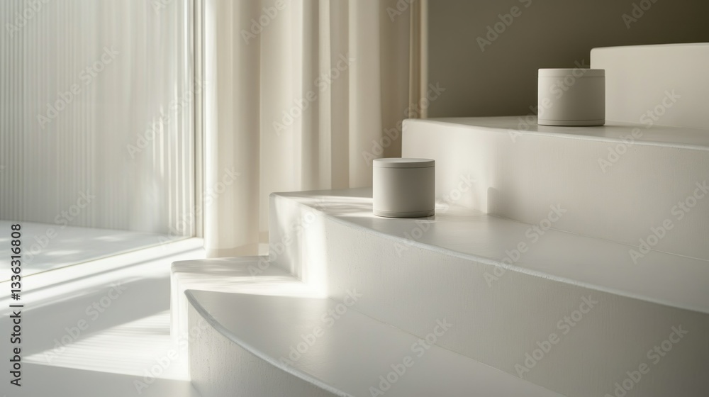 Poster minimalist interior scene featuring stepped platforms with small cylindrical objects