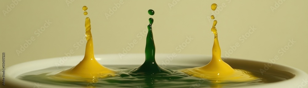 Poster three vibrant drops of water creating shapes in a bowl