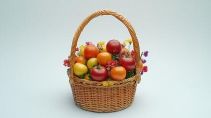 A woven basket filled with tomatoes and colorful flowers is shown