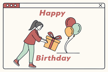 Digital Birthday Wish: A charming illustration captures the essence of celebration as a person is presented a birthday gift, accompanied by festive balloons. 
