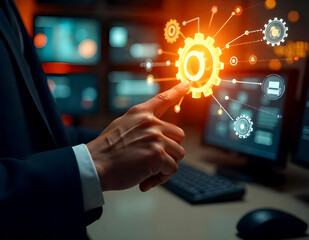 businessman pressing social network icon