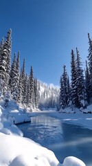 icy river cutting through white winter scenery image