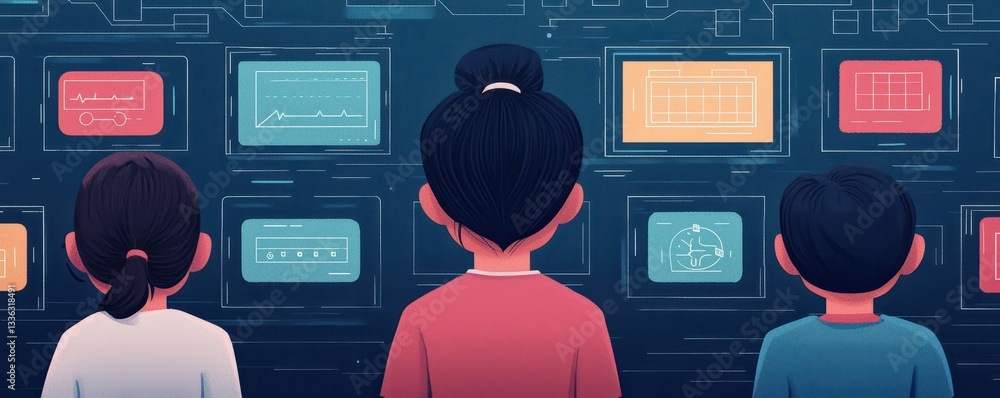 Poster three children observe colorful digital screens, immersed in technology and learning in a modern, in