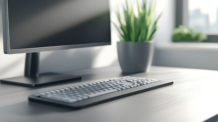 Modern minimalist office workspace with monitor keyboard and greenery