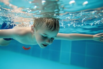 A young child practices adapted swimming techniques, gliding underwater with focused expression in a bright community pool on a sunny afternoon.