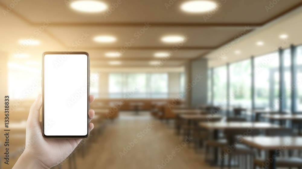Poster hand holding a smartphone with a blurred cafe in the background