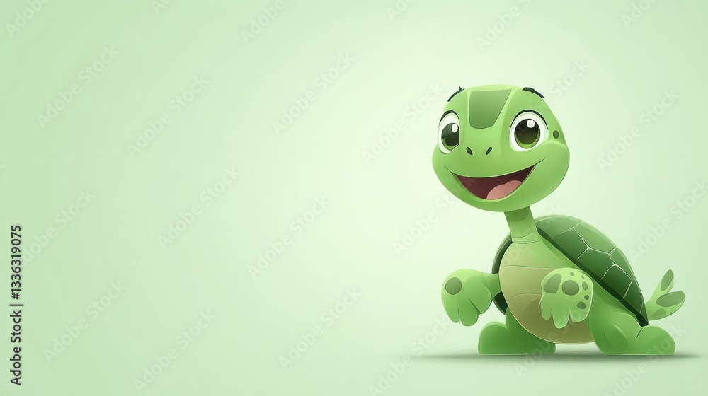 Poster a friendly animated turtle is smiling on light green