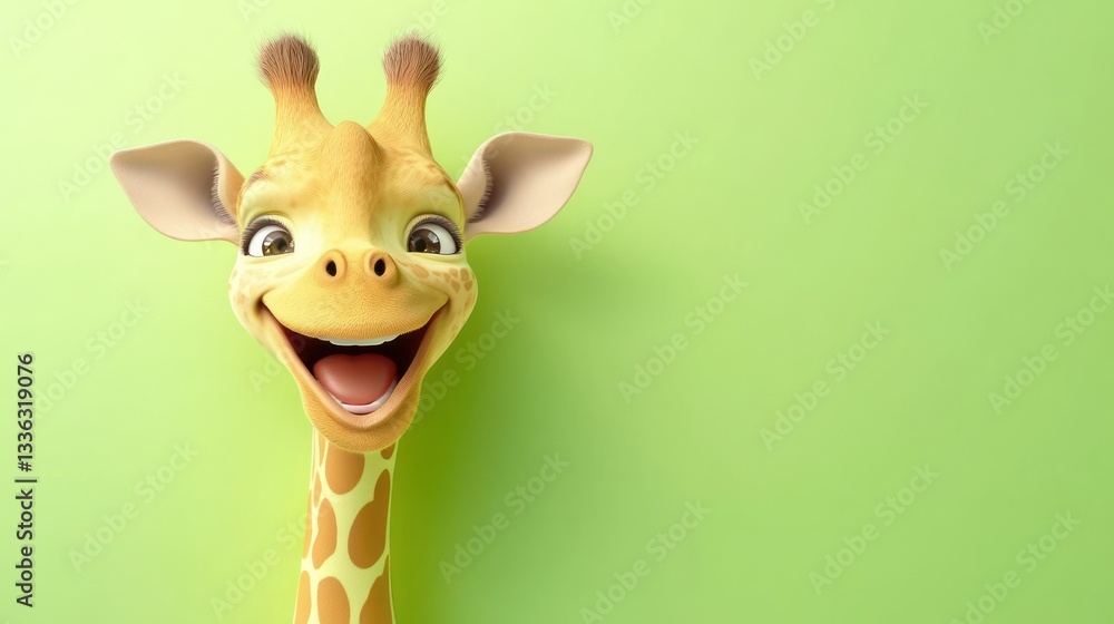 Poster a smiling cartoon giraffe with an open mouth and cheerful expression
