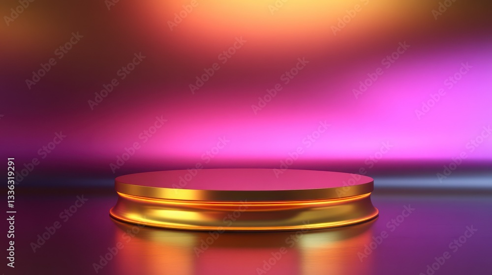Poster a gold circular stage is illuminated by a colorful background