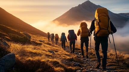 Group of people are hiking up a mountain with backpacks. The sun is setting and the sky is filled with clouds. Scene is peaceful and adventurous