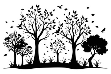 scattered trees line art silhouette vector illustration