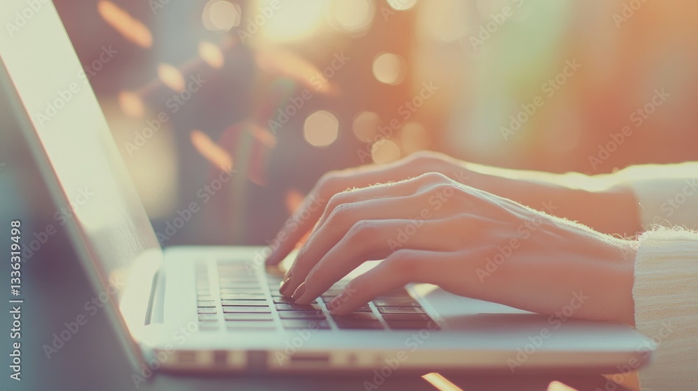 Poster A person types on a laptop computer keyboard with hands