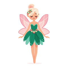 Cute and modest forest fairy with wings in a flower dress on white background. Poster, Banner, Flyer, Greeting Card. Vector illustration in flat cartoon style