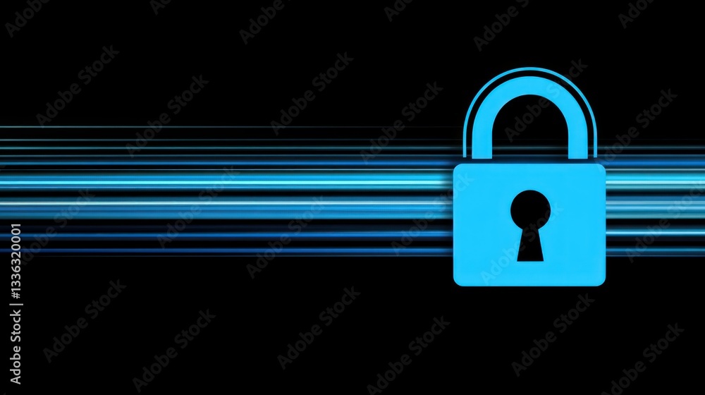 Poster a blue padlock surrounded by horizontal lines and a black background