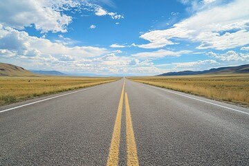Fototapeta premium Empty road stretches through rural landscape under blue sky with clouds