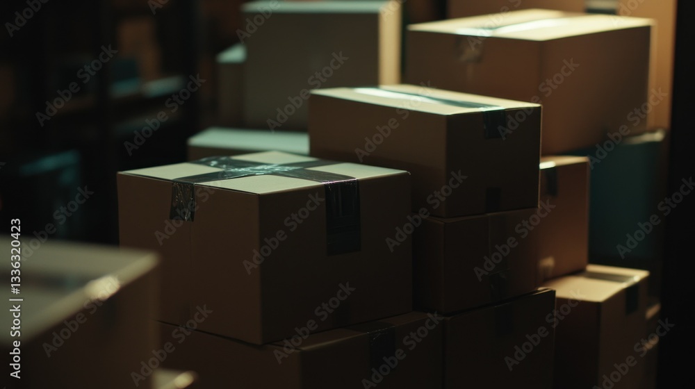 Poster stacked brown cardboard boxes showing storage of items in the dark