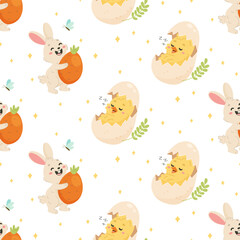 Obraz premium Seamless Easter Pattern with Bunny and Chick