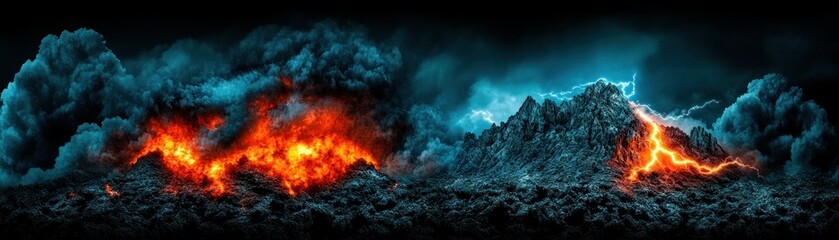 Obraz premium A dramatic volcanic eruption with lightning striking mountains and clouds