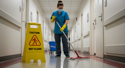 janitor mopping public restroom floor with wet floor caution sign. Cleaning service worker in mask and uniform	