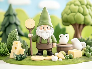 Fototapeta premium Playful gnome surrounded by cheese and greenery in a whimsical landscape