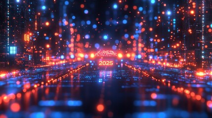An abstract futuristic digital city displays the upcoming year of two thousand twenty five