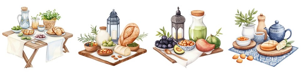 Ramadan watercolor clipart. Vibrant table settings featuring food, drinks, and decorative elements on white background.