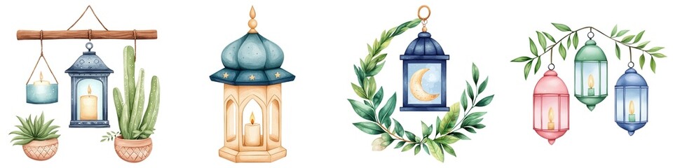 Ramadan watercolor clipart. Decorative lanterns in various styles with greenery accents on white background.