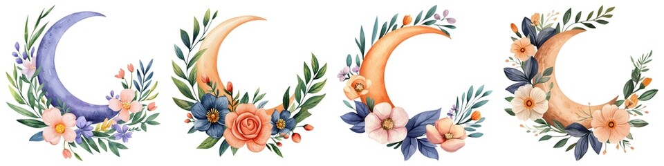Ramadan watercolor clipart. Floral wreaths featuring crescent moons in various colors and designs on white background.