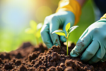 Gardener's hands in yellow rubber gloves planting seedlings in the soil, light blurring background.