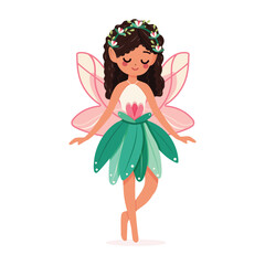 Cute and modest forest fairy with wings in a flower dress on white background. Poster, Banner, Flyer, Greeting Card. Vector illustration in flat cartoon style