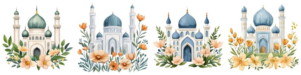 Ramadan watercolor clipart. Watercolor illustration of ornate buildings with domes and floral accents on white background.