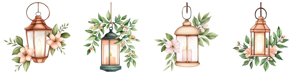 Ramadan watercolor clipart. Decorative lanterns surrounded by greenery in a watercolor style on white background.