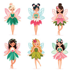 Set of cute and modest forest fairy with wings in a flower dress on white background. Poster, Banner, Flyer, Greeting Card. Vector illustration in flat cartoon style