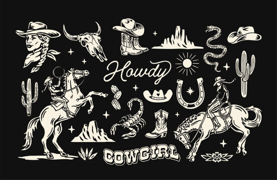 Western vector graphic set featuring cowgirls, horses, cacti, skulls, hats, boots, and "Howdy" & "Cowgirl" typography. Perfect for stickers, t-shirt designs, and other uses.