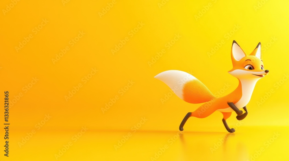 Poster animated fox running across a bright yellow colored backdrop