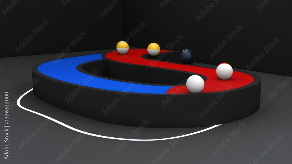 Poster Colored spheres rolling on curved platforms in minimalist setting