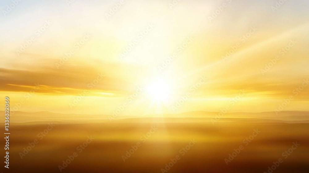 Poster golden sun setting over a vast and hazy landscape scene
