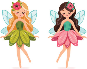 Two cute and modest forest sister fairy with wings in a flower dress on white background. Poster, Banner, Flyer, Greeting Card. Vector illustration in flat cartoon style
