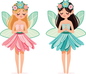 Two cute and modest forest sister fairy with wings in a flower dress on white background. Poster, Banner, Flyer, Greeting Card. Vector illustration in flat cartoon style