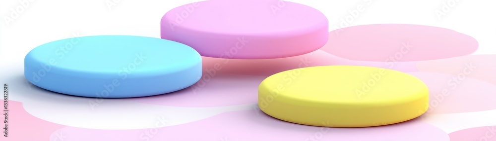 Poster Three colorful round platforms floating above a patterned background