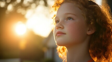 Fototapeta premium A young child with red curly hair looks upwards at sunlight