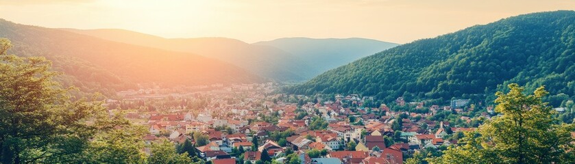 Panoramic view showing a town nestled between forested mountains under sunlight