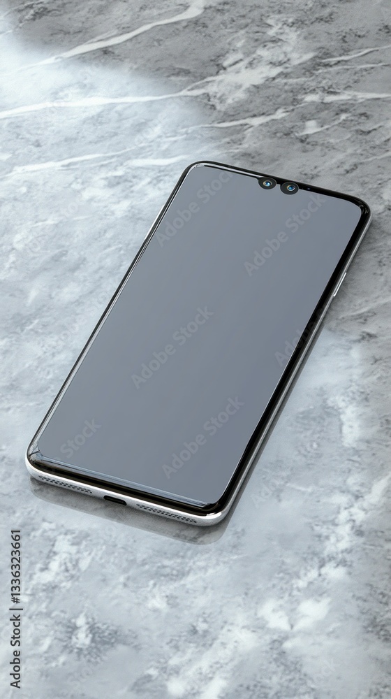 Poster a modern cellular phone rests on a patterned gray surface