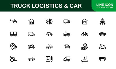 Professional Truck Logistics and Car Icon Set Vector Illustration. Featuring Essential Transportation, Delivery, and Vehicle Symbols