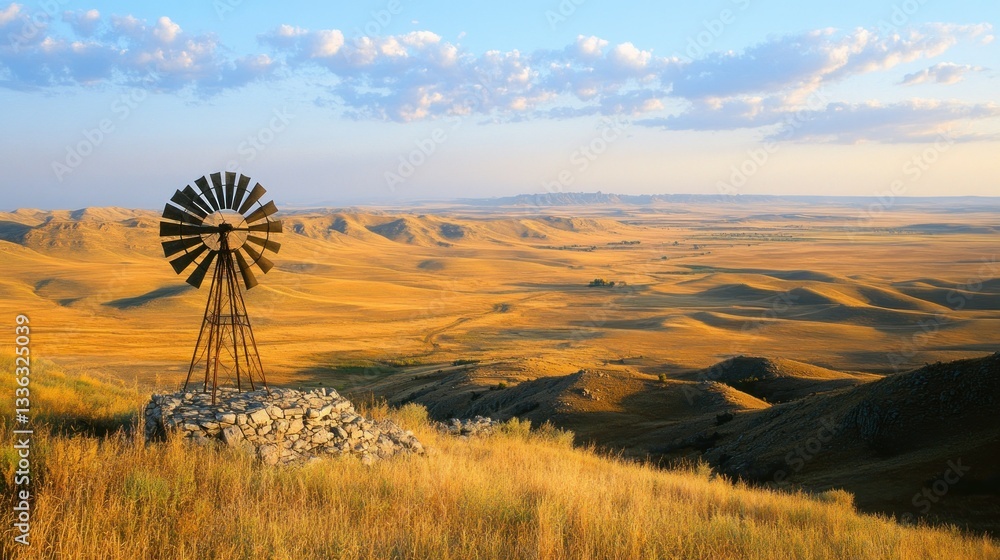 Poster an old windmill sits on a hill overlooking vast fields