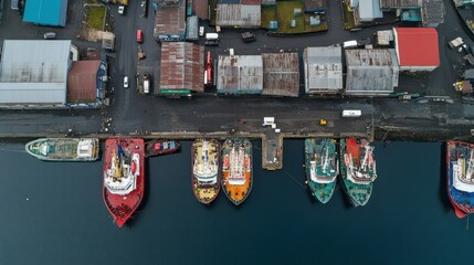 An aerial view of a commercial harbor and docked ships